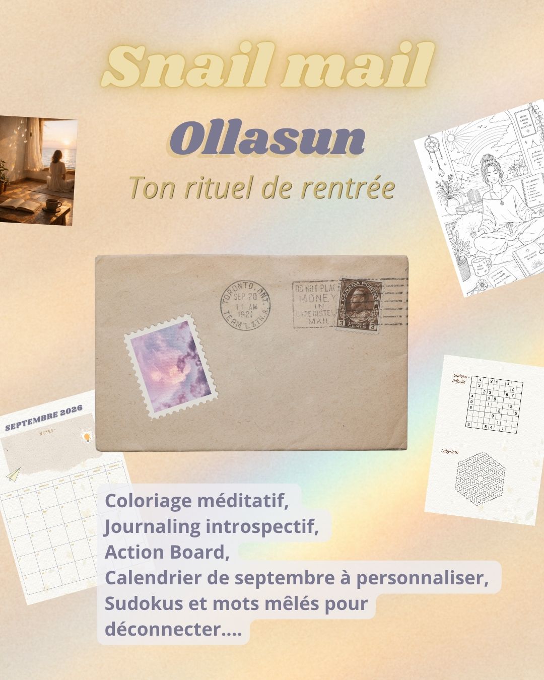 Snail Mail Ollasun de septembre avec coloriage méditatif, calendrier, jeux et activités créatives autour de l'ancrage